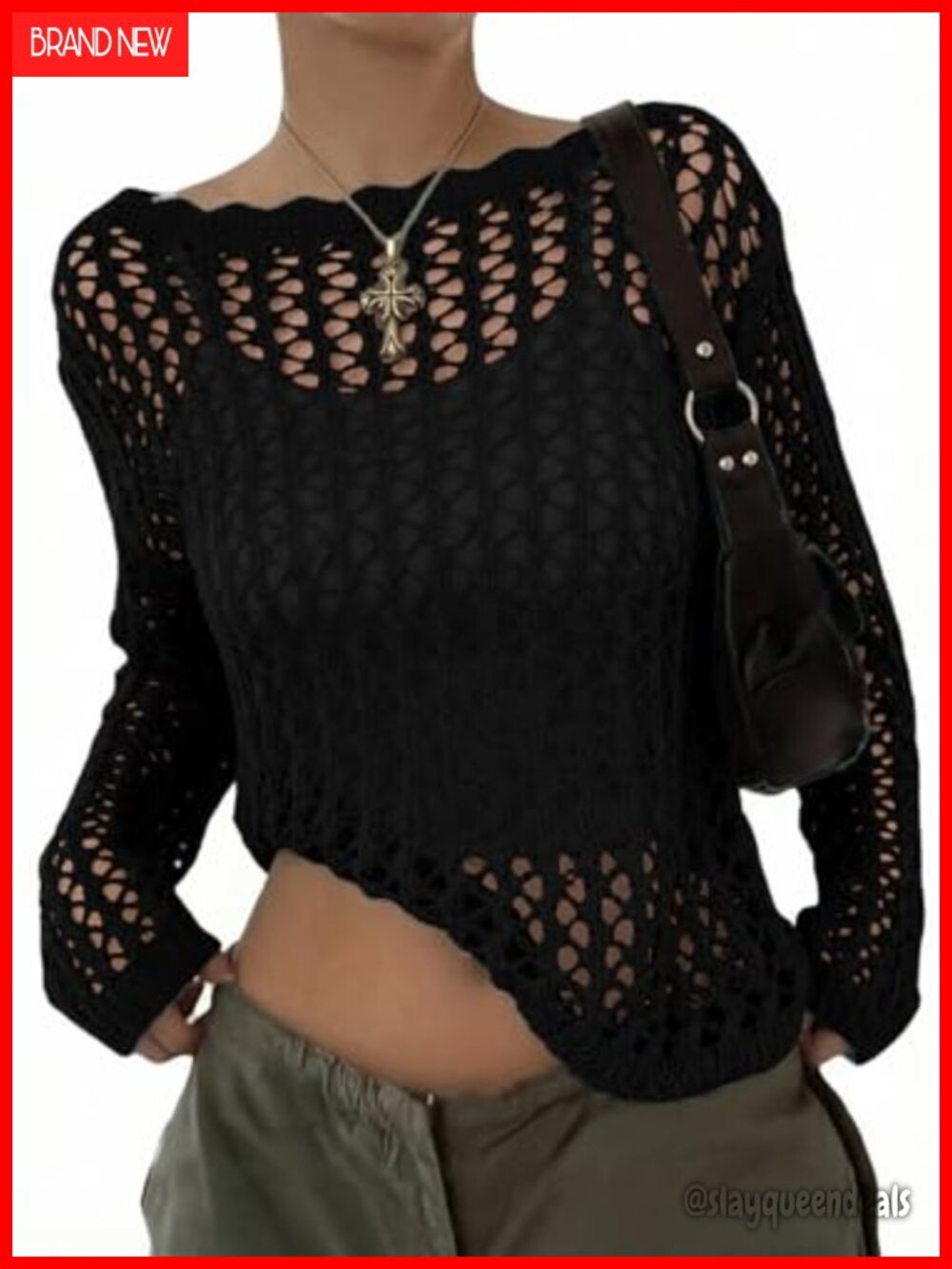 Crochet Long Sleeve Sweater Hollow Out Knit Pullover Off Shoulder